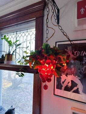 Vintage Large MCM 60s Hanging Swag Lamp of Lucite Grapes Red Cluster Vines Heavy